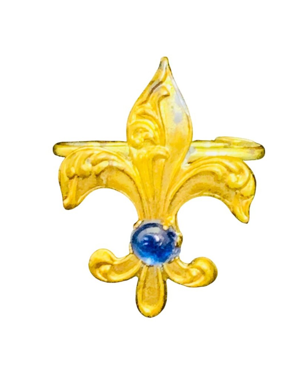 Vintage Gold Tone & Blue Stone Fleur Di Lis Brooch With Tube Clasp (2178)